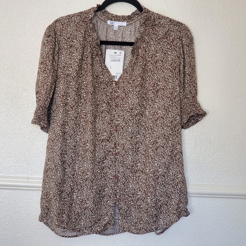 DR2 Womens Floral Ruffle Neck Button Front Blouse Brown XL DR23933VC2 NWT